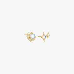 Gold opal moon and star stud earrings with diamonds. Planet Earrings, Moonstone Earrings, Halloween Earrings, Earring Sale, Single Earring, Fantasy Jewelry, Elegant Earrings, Ring Bracelet, Ring Necklace