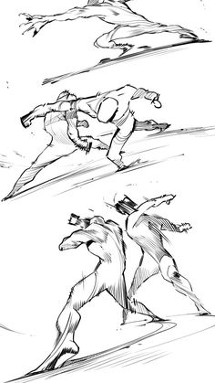 three sketches of people on skis going down a hill with one person in the air