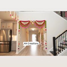 a hallway decorated with pink and green decorations