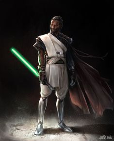 a star wars character with a green light saber in his hand