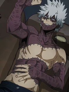 an anime character with white hair and no shirt