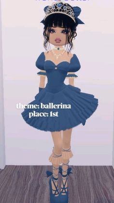 a woman in a blue dress and hat standing next to a white wall with the caption time ballerina place 1st