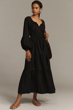 The dress that launched a thousand glowing reviews. Our iconic Somerset Dress features a soft A-line silhouette, flattering smocked waist, and everyday-elegant tiers. | The Somerset Maxi Dress: Puff-Sleeve Edition by The Somerset Collection by Anthropologie in Black, Women's, Size: XS, Cotton Somerset Maxi Dress, Goth Mom, Tahoe Cabin, Black Wardrobe, Chiffon Long Sleeve, Maxi Knit Dress, Tiered Maxi Dress, Long Puff Sleeves, High Fashion Street Style