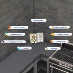 an animated view of a kitchen with food items on the counter and menus above it