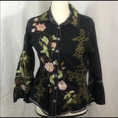 Beautiful Johnny Was Floral Embroidered Shirt With Flared Sleeves, Size Small. Measures 17 Inches Across Busy. Black Base With Flowers Throughout! Spring Black Embroidered Shirt, Black Embroidered Shirt For Spring, Fitted Floral Embroidery Shirt For Workwear, Traditional Spring Workwear Tops, Fitted Embroidered Shirt For Fall, Embroidered Fitted Shirt For Fall, Fitted Embroidered Shirt For Work, Traditional Embroidered Tops For Workwear, Spring Black Shirt With Floral Embroidery