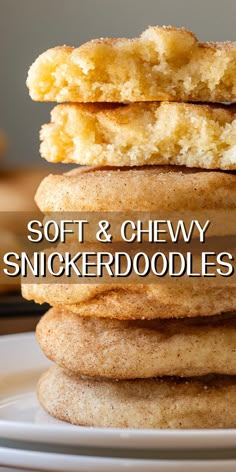 a stack of soft and chewy snickkerdoodleles on a white plate