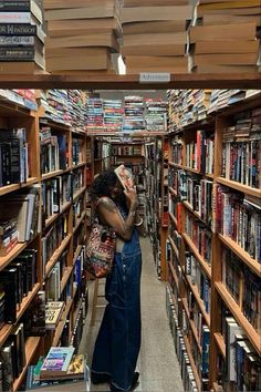 a woman is standing in the aisle of a library with many bookshelves full of books