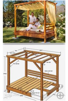 the plans for a wooden bed frame are shown in two different views, one with a canopy