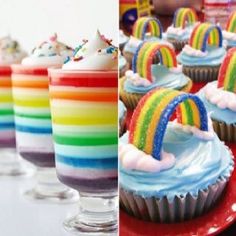 cupcakes with rainbow frosting and sprinkles on them are shown