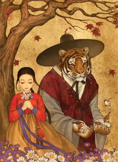 a painting of a woman with a tiger in her hand and a man dressed as a geisha