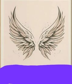 a drawing of two large wings on a white background with blue border around it and the bottom part of the frame