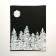 a black and white painting with trees in front of a full moon on the night sky