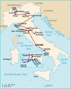 a map showing the route of italy and its major cities, including towns in different languages