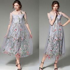 Floral Embroidered Mesh See Through A-line Midi Dress | Uniqistic.com Knee-length Summer Midi Dress With Floral Embroidery, Floral Embroidered A-line Midi Dress For Summer, Fitted A-line Embroidered Summer Dress, Summer A-line Midi Dress With Floral Embroidery, Spring A-line Midi Dress With Floral Embroidery, Gray Short Sleeve Midi Dress For Summer, Sheer Short Sleeve Midi Dress For Spring, Sheer Short Sleeve Dresses For Garden Party, Floral Embroidered Knee-length Summer Dresses