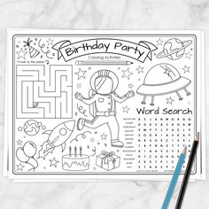 a birthday party activity sheet for kids with spaceman and rocket in the sky on it