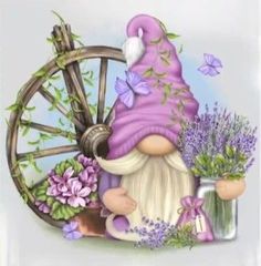 an image of a gnome with flowers and a wheel