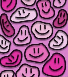 pink and white smiley face stickers on a purple background with black outlines in the shape of hearts