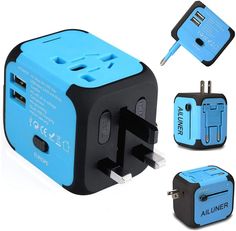 the blue and black charger is plugged in to an adapter with two usbs