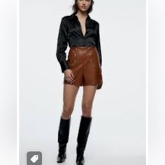 Zara Faux Leather Shorts , Soft And Stretchy Fits S Like Fitted Style, Add Some Black Tights , Booties And A Sweater And Fine Earrings And Purse , Instant Chic Outfit. Brown Leather Shorts, Folk Outfit, Faux Leather Shorts, Zara Australia, Straight Fit Denim, Gingham Shorts, High Rise Denim Jeans, Faux Leather Biker Jacket, Zara Leather