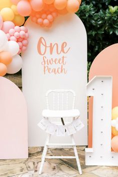 Pink And Peach Birthday Theme, One Sweet Peach Birthday Backdrop, One Sweet Peach Backdrop, One Sweet Peach Balloon Arch, One Sweet Peach Birthday Cake, Sweet As A Peach First Birthday, Peach Birthday Theme, One Sweet Peach Birthday Party, Peach Decorations