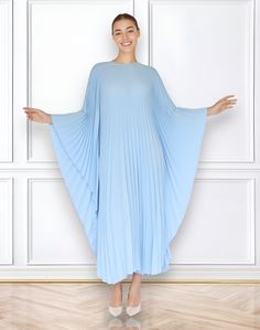 "A special collection with pleated kaftan in fan-style will bring the best \"new\" look for any occasions you may attend. Classic but chic !. It's totally smoothly flowy, soft and gentle touch. FEATURES - Sky Blue Light - Pleated - Personal Custom Made - Full Length Kaftan  - Designer Silk Kaftan - Plus Size and Custom Length - Resort Wear, Beach Wear, Lounge Wear, Pool Cover Up Kaftan - Boat Neck -------------------------------- DETAIL  * The maximum length : 134 CM ( please be noted, this can Pleated Billowy Party Maxi Dress, Pleated Billowy Maxi Dress For Party, Billowy Pleated Party Maxi Dress, Flowy Maxi Length Pleated Evening Dress, 60s Maxi Dress, Forest Wedding Dress, Gatsby Party Dress, Fairy Wedding Dress, Fan Style