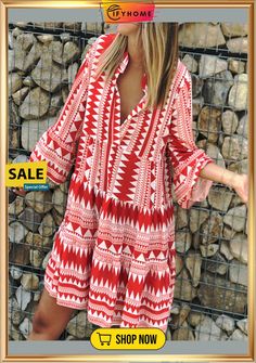 Printed 3/4 Sleeve Casual Weaving Dress Beach Dress Casual, Bohemian Mini Dress, Short Beach Dresses, Striped Dress Summer, Boho Chic Dress, Flare Sleeve Dress, Boho Mini Dress, Fitted Mini Dress, Pleated Mini Dress