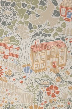 an old wallpaper with houses and trees on the outside, painted in oranges and browns