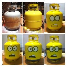 several pictures of different types of yellow gas tanks with faces drawn on them and eyes drawn on the side