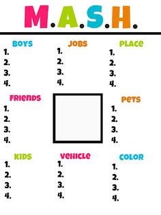 the word mash is written in different colors and shapes, including two squares with numbers on