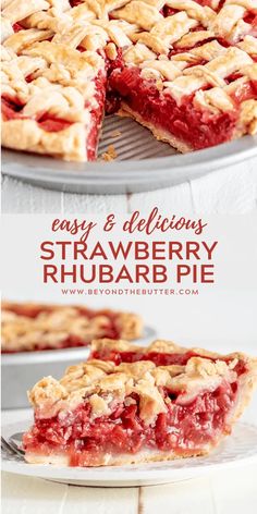 a strawberry rhubarb pie on a plate with the rest cut out