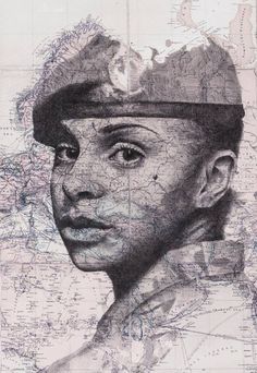 a black and white drawing of a man's face on top of a map