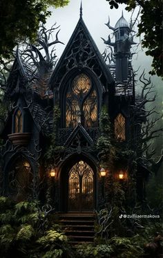 an image of a creepy house in the woods with trees and bushes on it, surrounded by