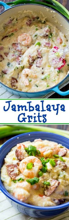 two pictures of food with shrimp and grits in the same pan on a table