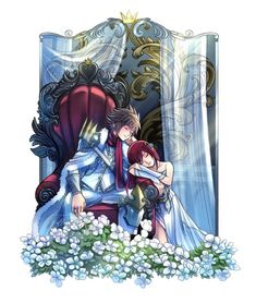 a couple sitting on top of a throne next to each other