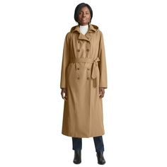 Jessica London Women's Plus Size Double Breasted Long Trench Raincoat Raincoat.A timeless raincoat to span the seasons. Detachable hood and tie waist. Water resistant. Fully lined. 50" length PolyMachine washableImported Style & Fit Tips: This long double breasted raincoat is figure flattering and ultra-chic, and easy to pair over everything from a pantsuit to your favorite jeans. With a detachable hood and tie waist, there's nothing about this top layer that you won't love. . About the brand: S Belted Raincoat For Fall, Belted Long Raincoat For Fall, Fall Workwear Weatherproof Raincoat, Fall Weatherproof Raincoat For Work, Long Raincoat For Rainy Fall Weather, Camel Outfit, Packable Rain Jacket, Rain Jacket Women, Long Trench