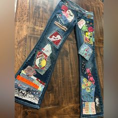 I Have Embellished Levis Jeans With Patches, Unique Handmade Patches(100% Cotton), Lots Of Embroidery/ Machine Stitching, And Sequin/Beads. Lots Of Hours Put Into These One Of A Kind Pair Of Levis-San Francisco. I Have Attached A Picture From Levis Website Of The Jean. 98% Cotton 2% Elastane. Size Is 27 With A 32 Inch Inseam Distressed Rip Only On Back Hem Of Each Leg. Handmade Patches, Jeans With Patches, Upcycled Jackets, Clothing Making, Patched Denim Jeans, Reworked Denim, Machine Stitching, Handmade Patch, Reverse Applique