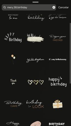 a bunch of different types of writing on a blackboard with the words happy birthday written in