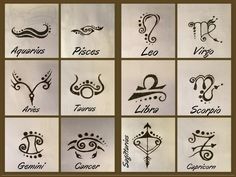 twelve zodiac signs are drawn on paper in different styles and sizes, each with their own name