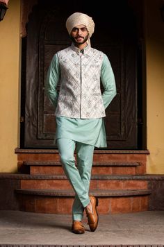 Nitika Gujral Men-Cream Embroidered Bundi With Green Kurta And Pants-INDIASPOPUP.COM Pants Embroidery, Kurta And Pants, Silk Pant, Cream Jacket, Men Cream, Silk Kurta, Nehru Jackets, Pattern Embroidery, How To Make Clothes