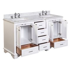 a double sink vanity with two drawers and one door open to reveal the same cabinet