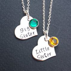 2 sisters necklace - Set of 2 Necklaces with birthstone - Heart Necklace Set - Sisters Necklace Set - big sister-little sister - Sister giftThis is a set of 2 necklaces with 3/4 inch heart shaped stainless steel blanks hand stamped with "Big Sister" and "Little Sister" and  personalized 6 mm swarovski birthstones color of your choice. Makes a great gift for you and your sisters.Comes in 18 inch Silver plated Chain with lobster clasp for closure. I also have 16, 20 and 22 inch chains, please ment Personalized Adjustable Necklace For Best Friend, Cute Birthstone Jewelry For Birthday, Cute Birthstone Necklaces For Gifts, Cute Birthstone Necklace For Gift, Cute Birthstone Necklaces As Gifts, Personalized Jewelry For Birthday With May Birthstone, Valentine's Day Birthstone Necklace For Best Friend, Silver Name Necklace For Best Friend, Personalized Sterling Silver Name Necklace For Best Friend