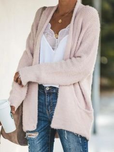 Pink Casual long Sleeve Solid Cardigans Blush Cardigan Outfit, Outfit With Dress, Blush Cardigan, Plus Size Pullover, Cardigan Outfit, Solid Color Sweater, Plus Size Sweaters, Casual Tops For Women, Summer Fashion Outfits