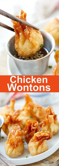 chicken wontons on a white plate with chopsticks and sauce in a bowl