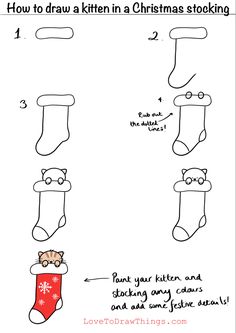 how to draw a kitten in a christmas stocking step by step instructions for kids