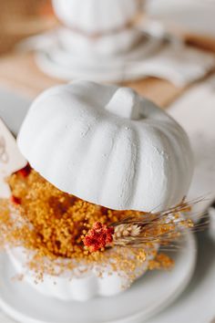 a white pumpkin sitting on top of a plate