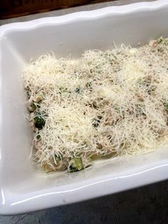 a casserole dish with cheese and broccoli