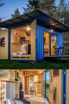 two pictures showing the inside and outside of a shipping container with its doors open to let in