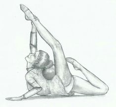 a pencil drawing of a woman doing a handstand on the floor with her leg up