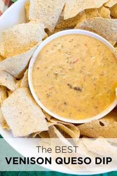 the best venison queso dip is in a bowl with tortilla chips