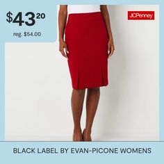 Black Label by Evan-Picone designs suiting to flatter your shape and create a sharp tailored look that's perfect for traditional office settings or special occasions like a wedding or fancy dinner. This women's suit skirt is cut in a knee-length from a soft crepe in a deep crimson red and features a concealed side zip closure and front and back kick pleats. Pair with the matching blazer.Front Style: Flat FrontFeatures: Stretch FabricClosure Type: ZipperFit: Classic FitRise: Mid RiseApparel Leng… Red Fitted Skirt For Workwear, Red Pleated Skirt For Work, Formal Fitted Red Pencil Skirt, Red Skirt For Office, Classic Red Workwear Skirt, Classic Red Skirt For Work, Womens Suit, Traditional Office, Kick Pleat